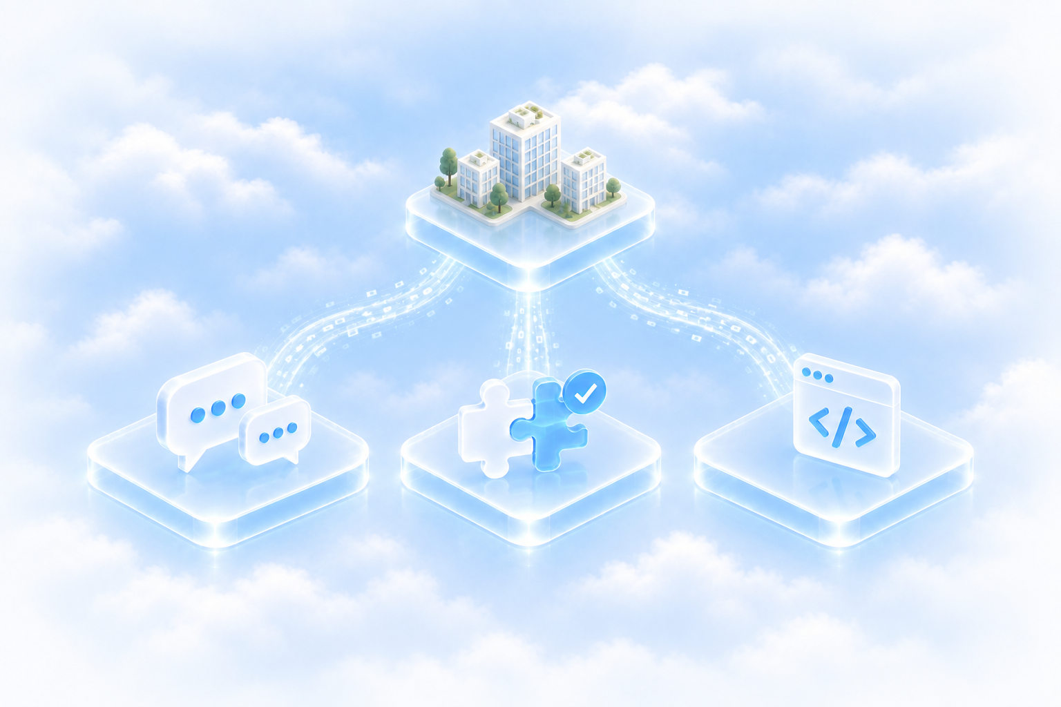 Three ways to work: ask an AI, have Skywalk build it, or build it yourself.