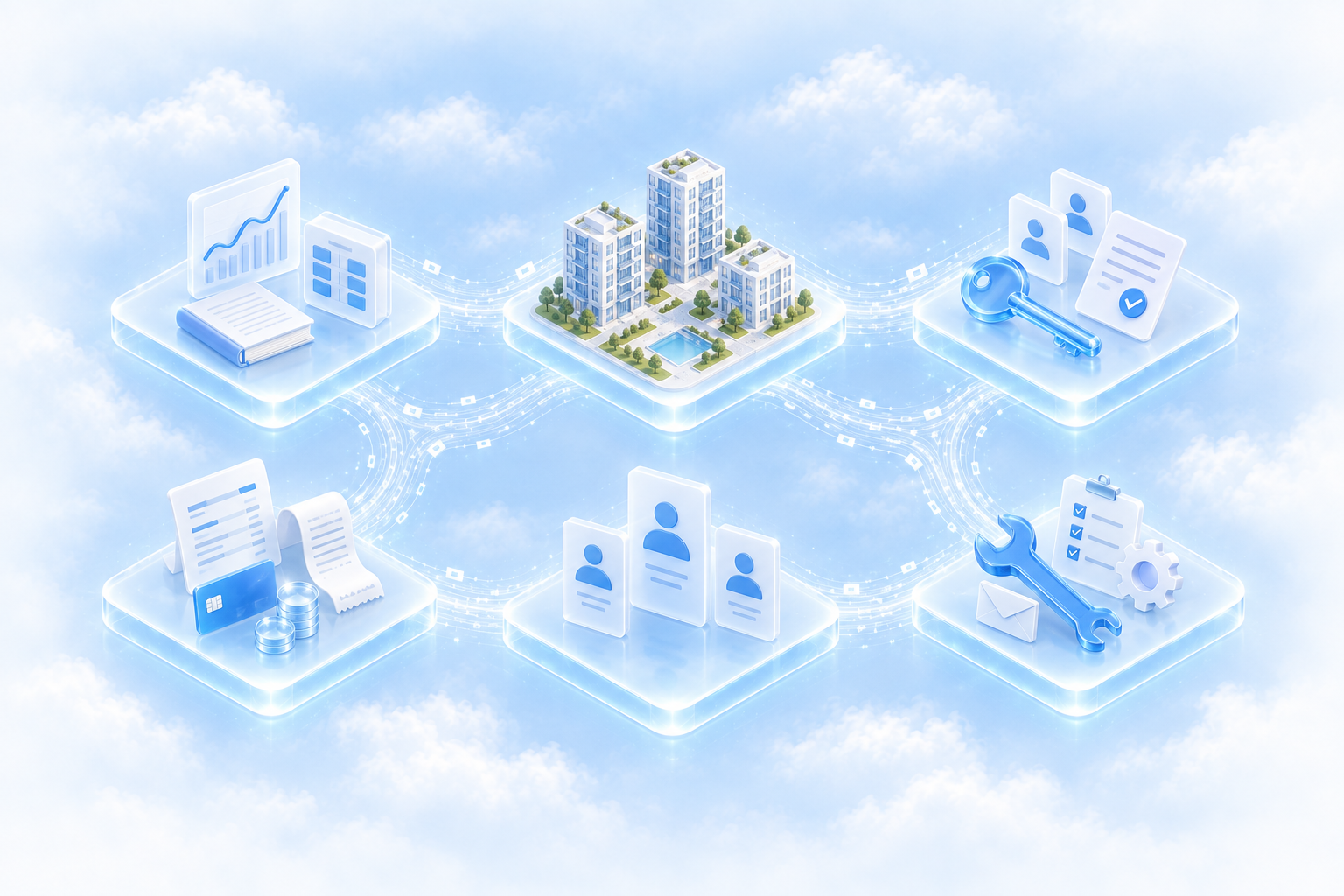 The data available: financials, properties, leasing, payments, contacts and maintenance.