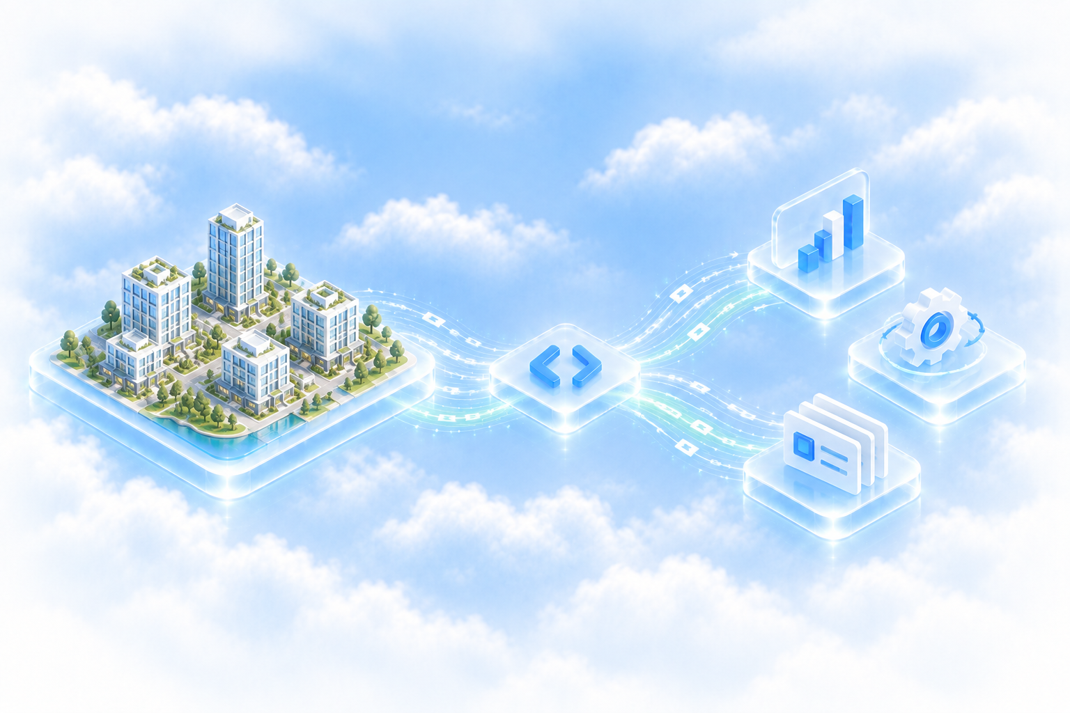A property portfolio connected through the API to a dashboard, an automation and a set of records.