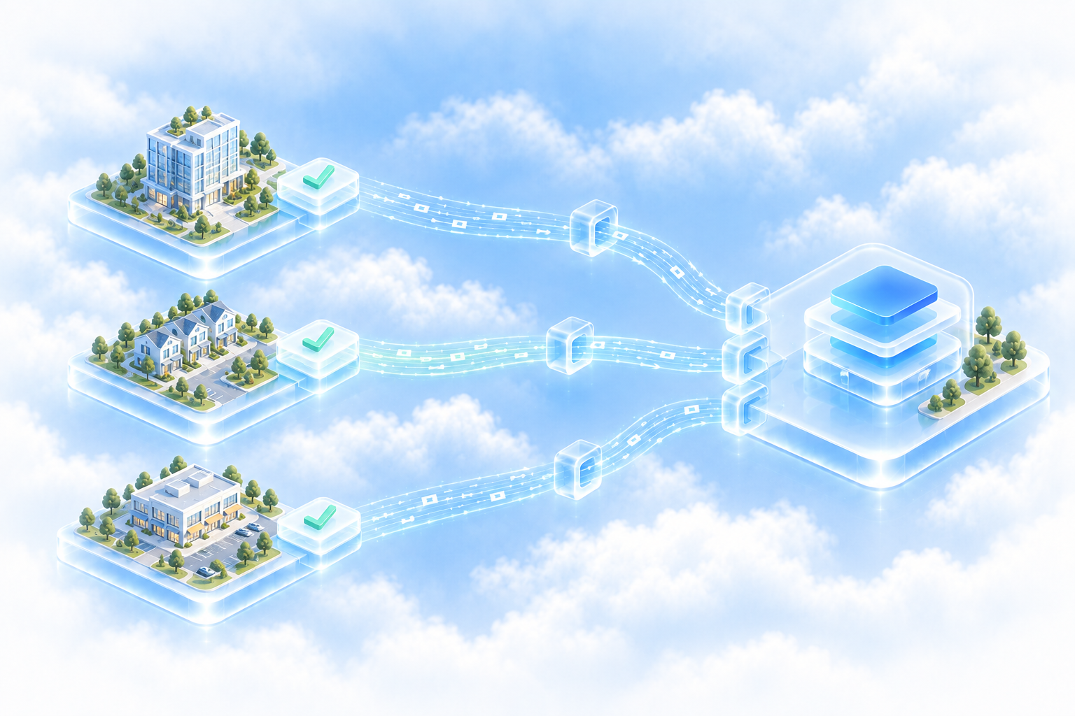 Three customer portfolios, each approving its own connection into one software platform.