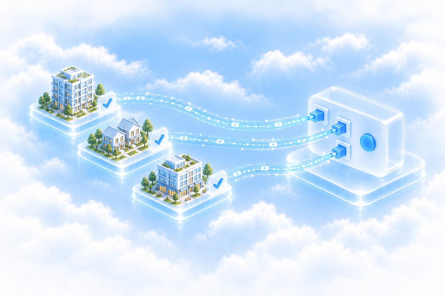 Three customer portfolios, each approving its own connection to one software platform.