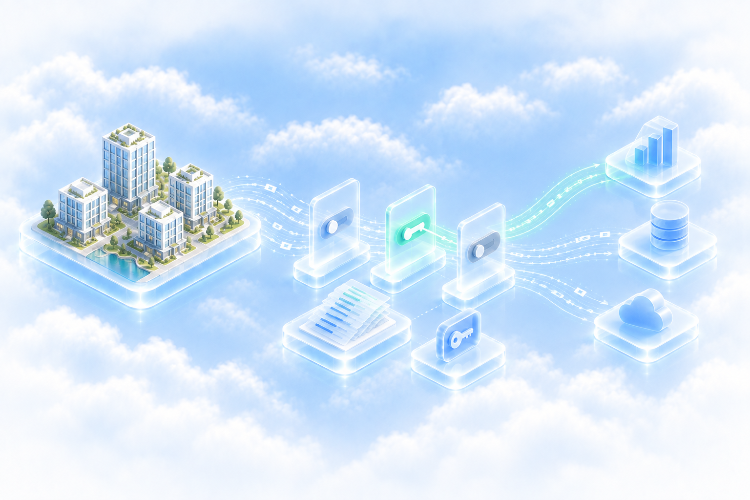 A property portfolio reaching your tools through permission gates, with a key and an audit log.