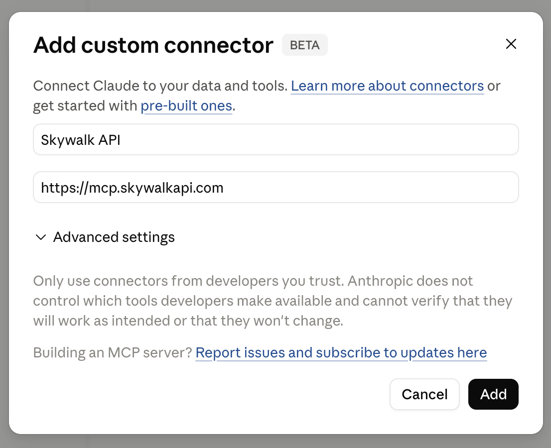 Adding Skywalk API as a custom connector.