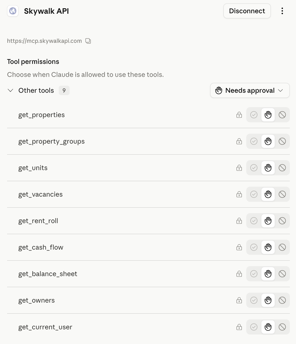 Skywalk API tools loaded into Claude, ready to use.
