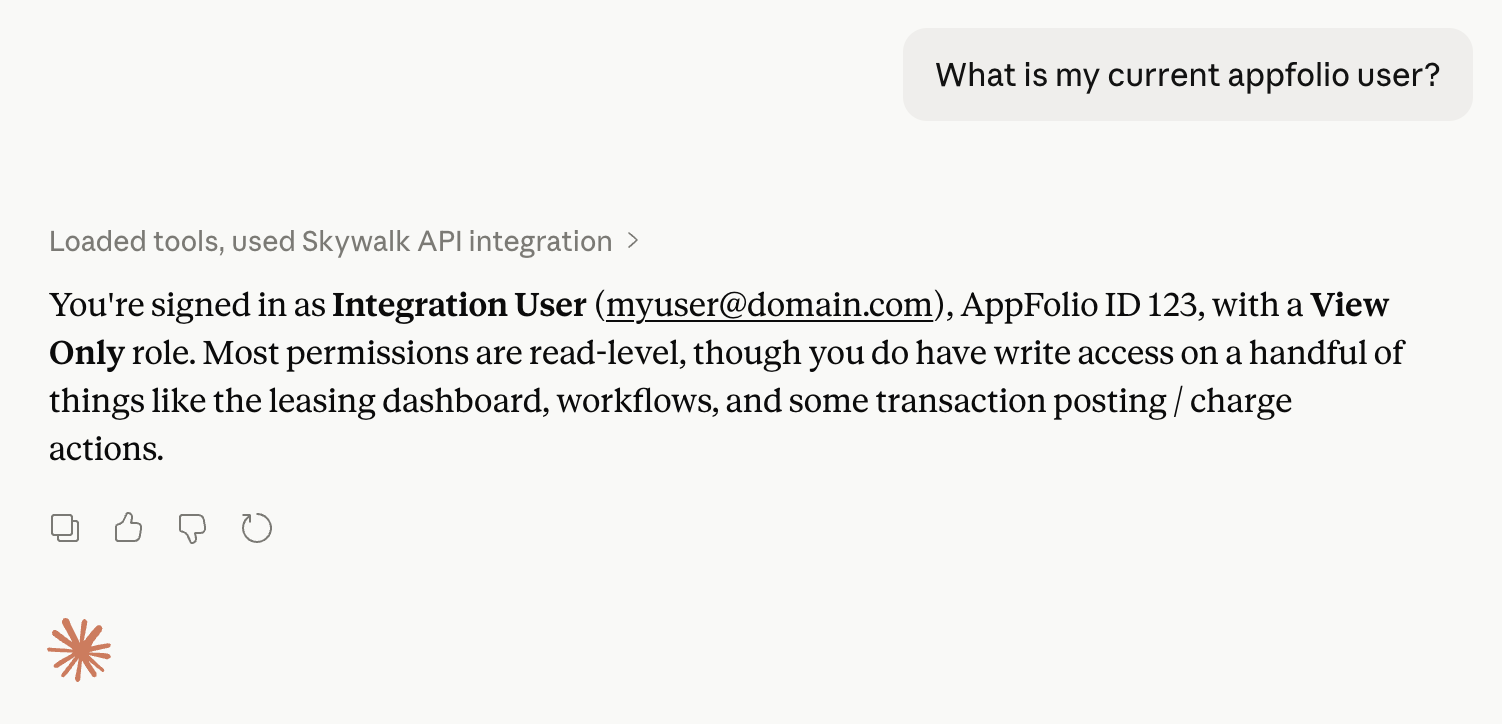 Asking Claude "What is my current AppFolio user?" — Skywalk answers from live data.