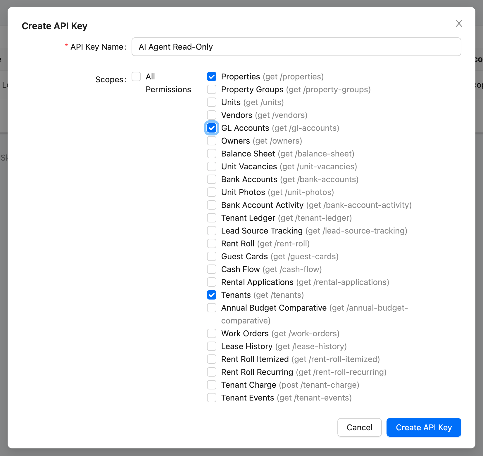 Creating an API key lets you choose its scoped permissions.